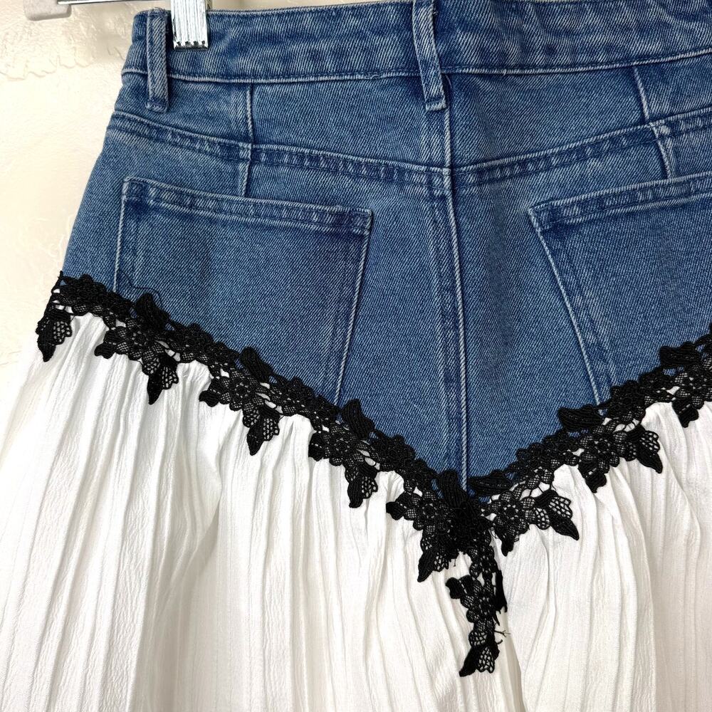 NEW Blue B USA Western Denim Lace Pearl Embroidered Boho Cowgirl Mini Skirt - Picture 6 of 9